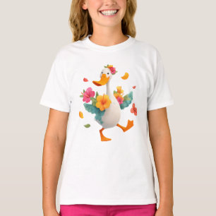 Camiseta Ganso Kawaii Bailando – Pato Lindo con Flores Niño