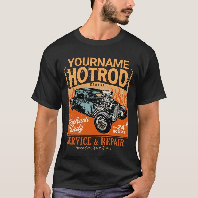 Camiseta Garaje de Hot Rod personalizado NOMBRE Taller de m (Anverso)