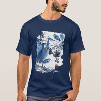 Camiseta Garza Azul Lavado de Tinta Japonesa Pájaro Natural