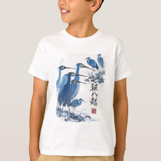 Camiseta Garza Azul Lavado de Tinta Japonesa Pájaro Natural