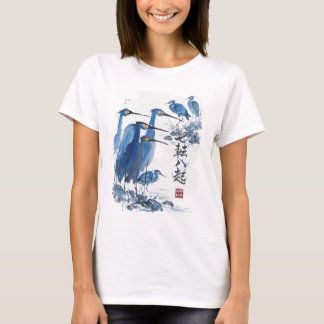 Camiseta Garza Azul Lavado de Tinta Japonesa Pájaro Natural