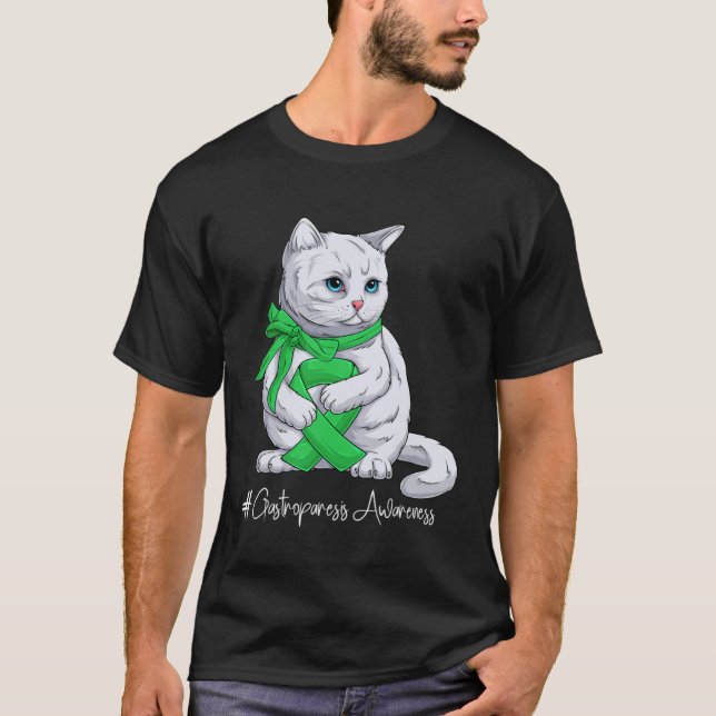 Camiseta Gastroparesis Awareness Month Green Ribbon Cat (Anverso)