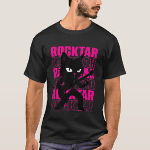 Camiseta Gata Negra Rockstar - Guitarrista de Gato Divertid