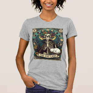 Camiseta Gata Señora Haloween Esqueleto Floral Luna Brújula