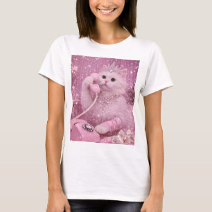 Camiseta Gatita princesa glamurosa usando teléfono rosa    