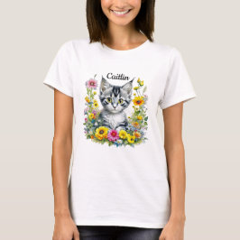 Camiseta Gatito acuarela en flores amarillas personalizadas