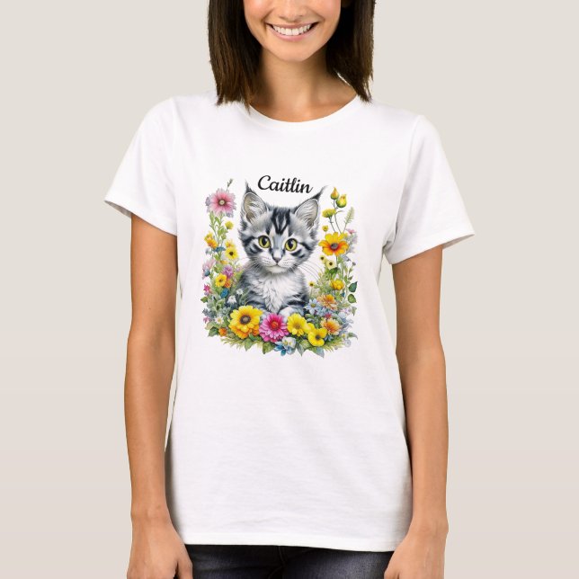 Camiseta Gatito acuarela en flores amarillas personalizadas (Anverso)