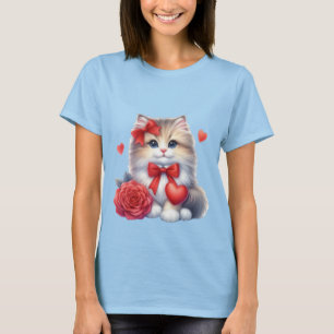 Camiseta Gatito adorable con rosa roja y arte de amor con c