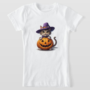 Camiseta Gatito Adorable Con Sombrero De Bruja Y Calabaza �