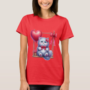 Camiseta Gatito Adorable en Columpio con Arte de Globo en F