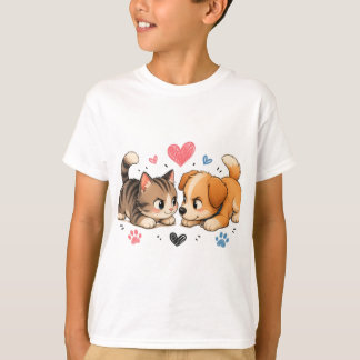 Camiseta Gatito adorable y cachorro juguetón en un duelo de