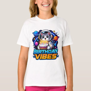 Camiseta Gatito Astronauta Adorable "Vibraciones de Cumplea
