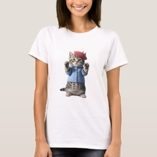 Camiseta Gatito atigrado gris lindo en cárdigan azul