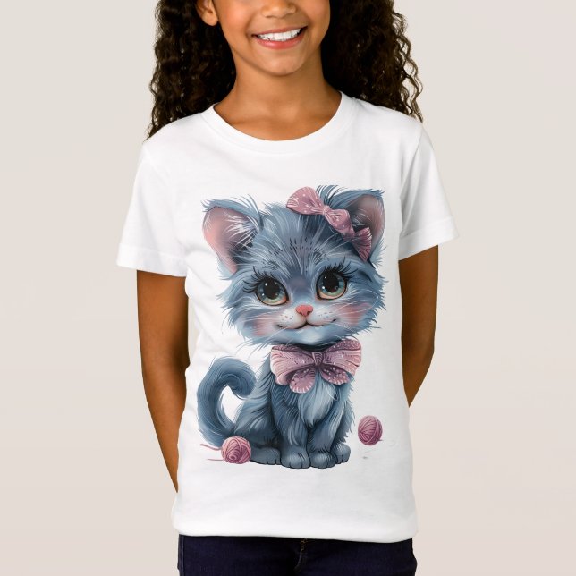 Camiseta Gatito azul oscuro con arcos rosados juguetones (Anverso)