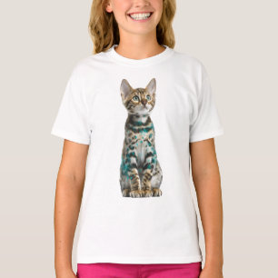 Camiseta Gatito Bengal Leopardo Manchado de Turquesa para N