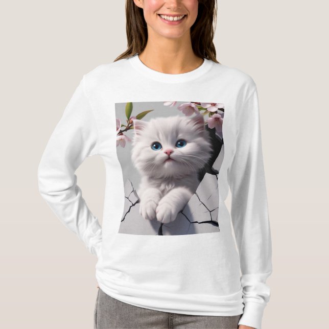 Camiseta Gatito blanco entre flores de cerezo (Anverso)