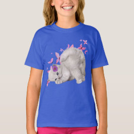 Camiseta Gatito blanco esponjoso rodeado de flores rosas y