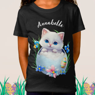 Camiseta Gatito blanco feliz de Pascua con flores