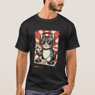 Camiseta Gatito blanco rojo DJ en tornamesas sintetizador E