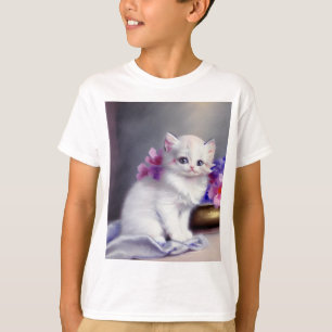 Camiseta Gatito blanco vintage con flores rosadas y moradas
