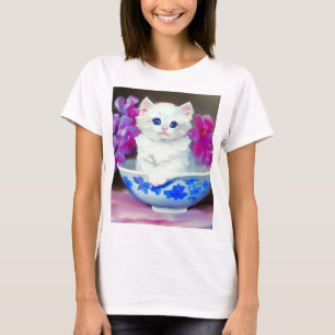 Camiseta Gatito blanco vintage con flores rosas
