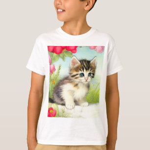 Camiseta Gatito blanco y marrón vintage con flores