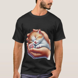 Camiseta Gatito Calico Pequeño Durmiendo Dulcemente en Mano