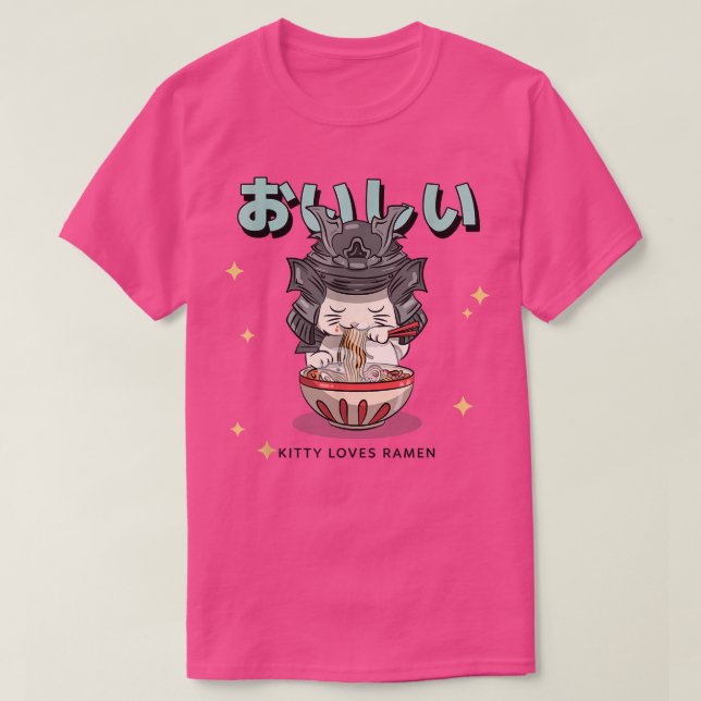 Camiseta gatito con casco de samurai comiendo ramen japonés (Diseño del anverso)