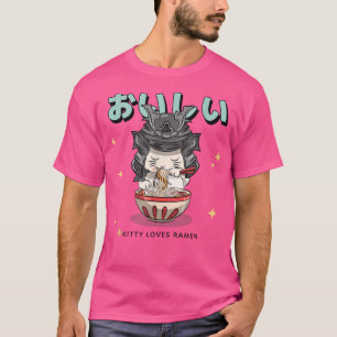 Camiseta gatito con casco de samurai comiendo ramen japonés