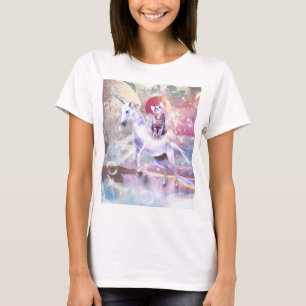 Camiseta Gatito de galaxia arco iris montando unicornio en 
