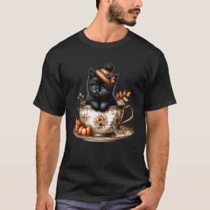 Camiseta Gatito de gato negro en taza de café floral lindo