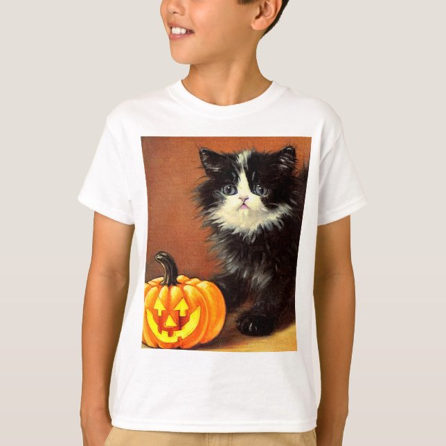 Camiseta Gatito de Halloween blanco y negro vintage (Anverso)