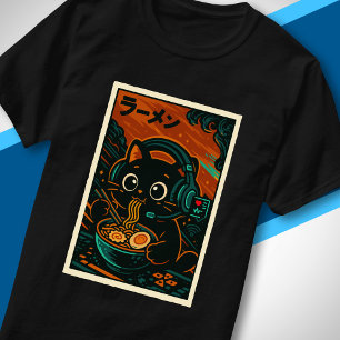 Camiseta Gatito de Ramen Adorable Auriculares Música Japone