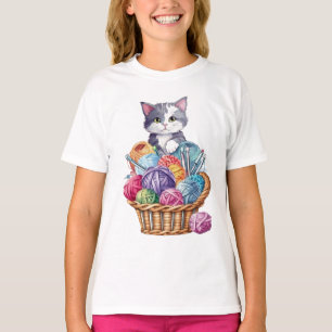 Camiseta Gatito en la cesta de punto de lana