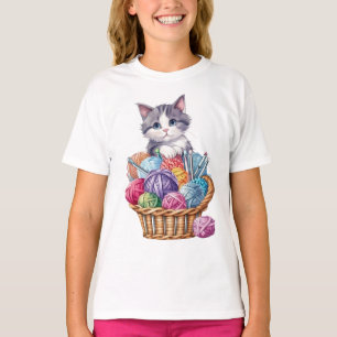 Camiseta Gatito en la cesta de punto de lana