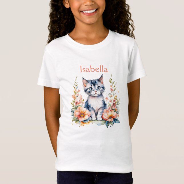 Camiseta Gatito gris personalizado en flores rosadas (Anverso)