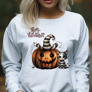 Camiseta Gatito guisante de Halloween a rayas y calabaza