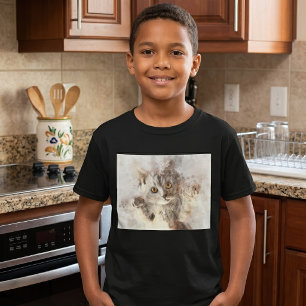 Camiseta Gatito Juguetón de Acuarela con Ojos Brillantes de