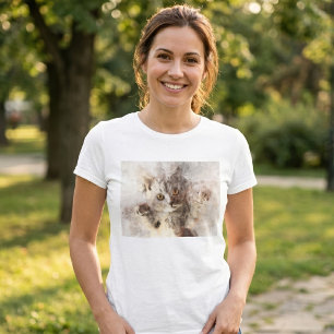 Camiseta Gatito Juguetón de Acuarela con Ojos Brillantes de