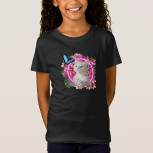 Camiseta  Gatito lindo con mariposa azul en neón tropical 