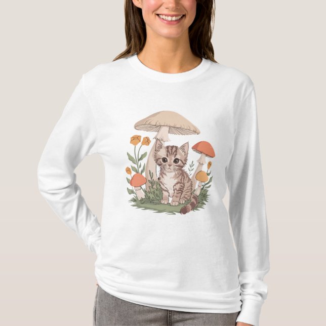 Camiseta Gatito lindo de Tabby en setas y bosques de flores (Anverso)