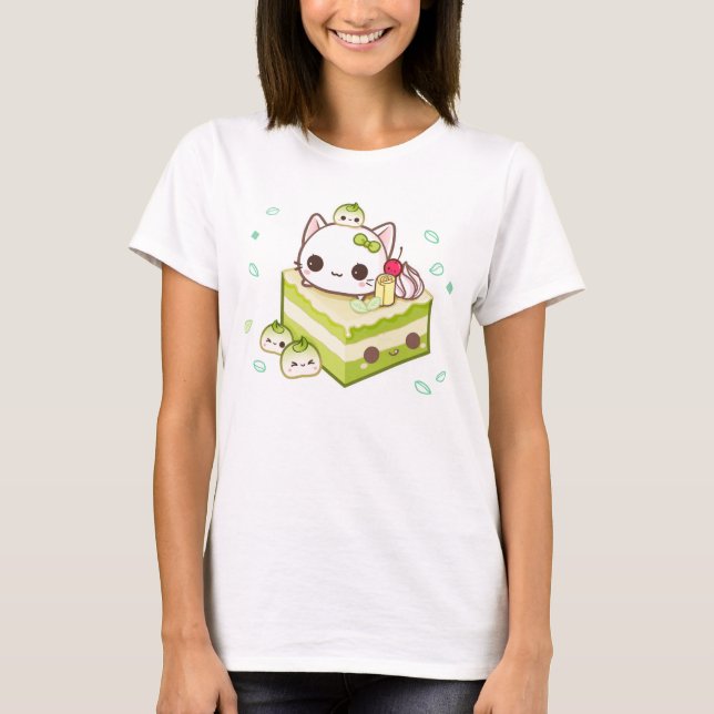 Camiseta Gatito lindo del mochi con la torta del té verde (Anverso)