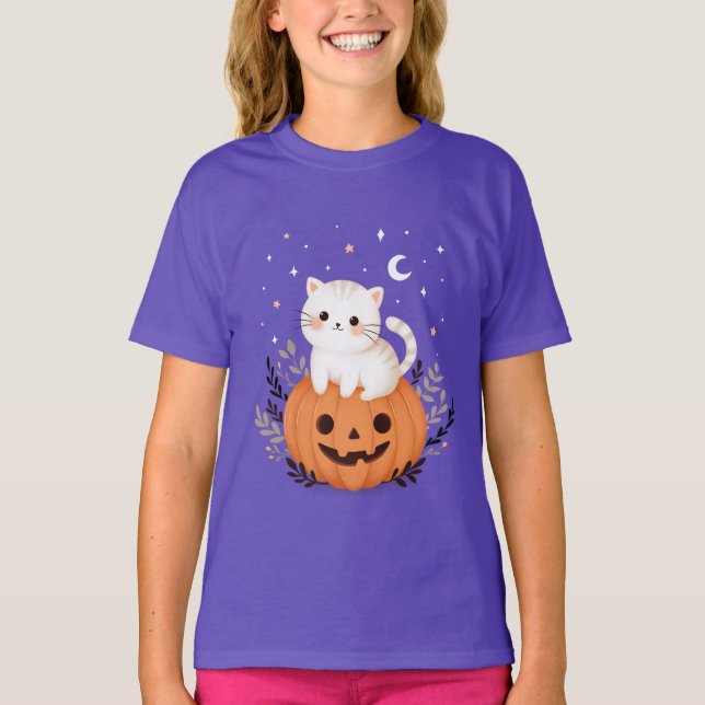 Camiseta Gatito lindo en el Ilustracion Halloween de calaba (Anverso)