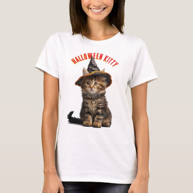 Camiseta Gatito lindo en una bruja Gorra Halloween (Anverso)