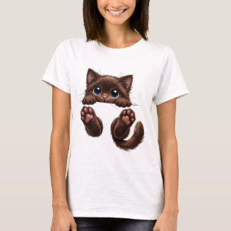 Camiseta Gatito marrón adorable asomándose con ojos azules