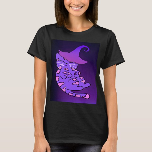 Camiseta Gatito morado con Gorra de brujas (Anverso)