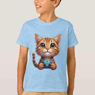 Camiseta Gatito Naranja Sosteniendo Controlador de Juego Ga