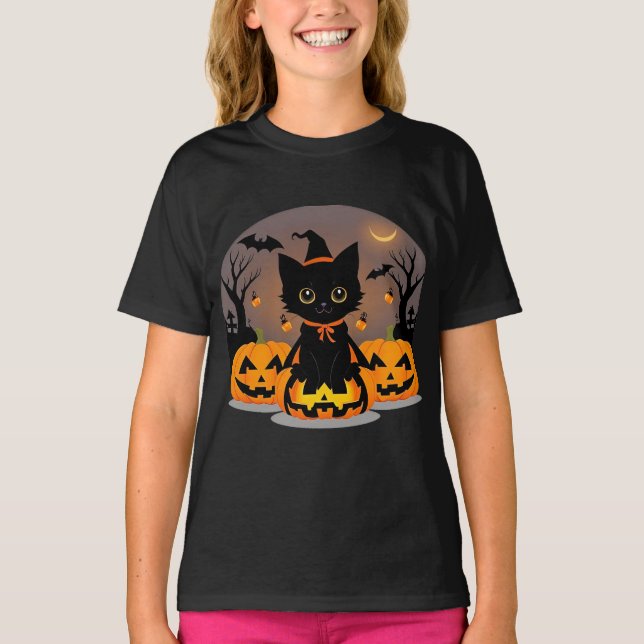 Camiseta Gatito negro adorable en Gorra de brujas (Anverso)