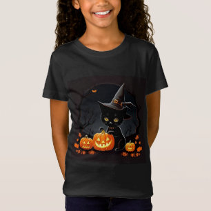 Camiseta Gatito negro con sombrero de bruja entre calabazas