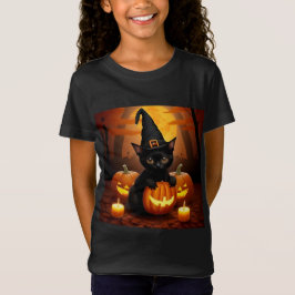 Camiseta Gatito negro con sombrero de bruja entre calabazas
